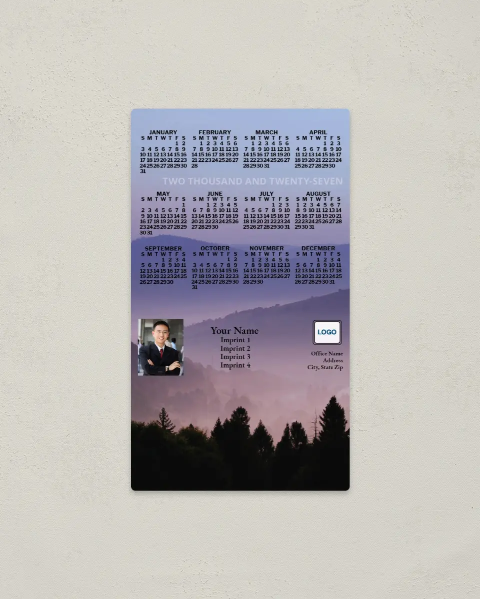 This is a 4" x 7" Full Magnet Calendar called Mountains at Dawn printed in full color with a Standard Gloss finish