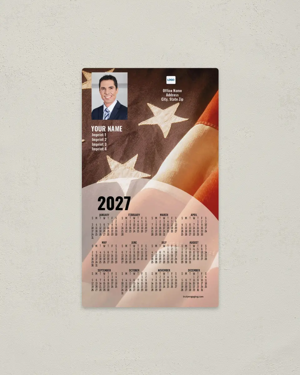 This is a 4" x 7" Full Magnet Calendar called Old Glory printed in full color with a Standard Gloss finish