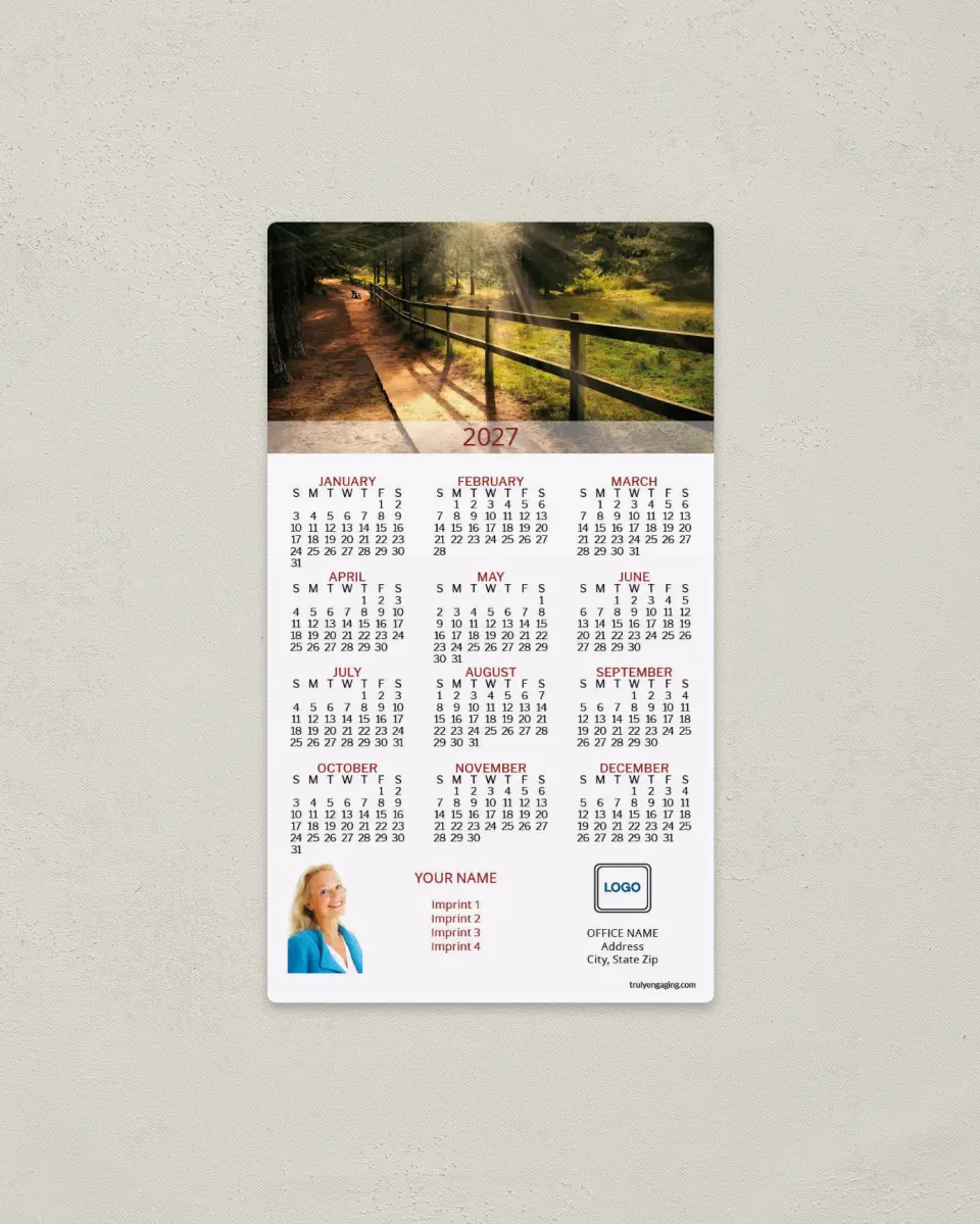 This is a 4" x 7" Full Magnet Calendar called Sunlit Trail printed in full color with a Standard Gloss finish