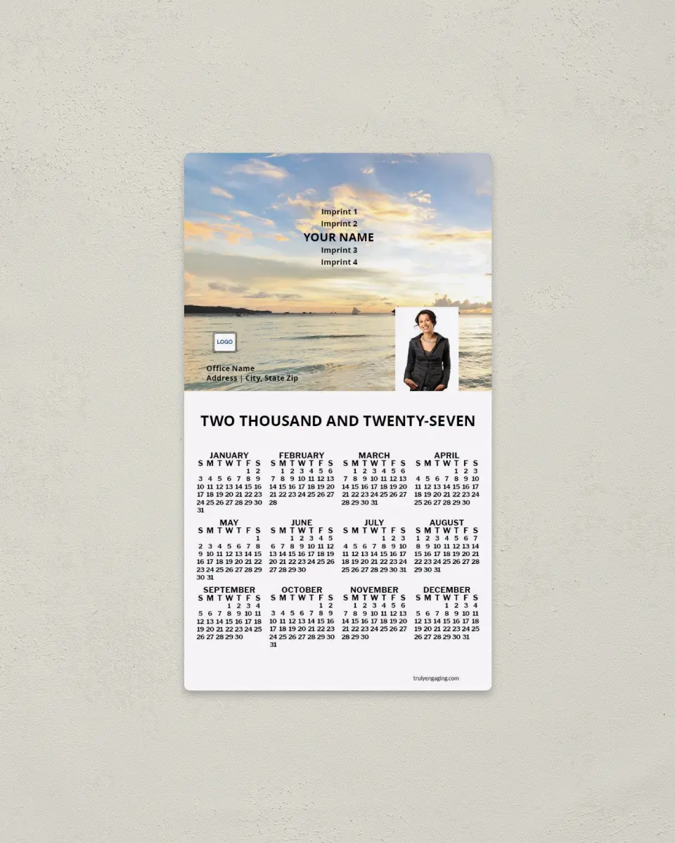 This is a 4" x 7" Full Magnet Calendar called Setting Sun printed in full color with a Standard Gloss finish