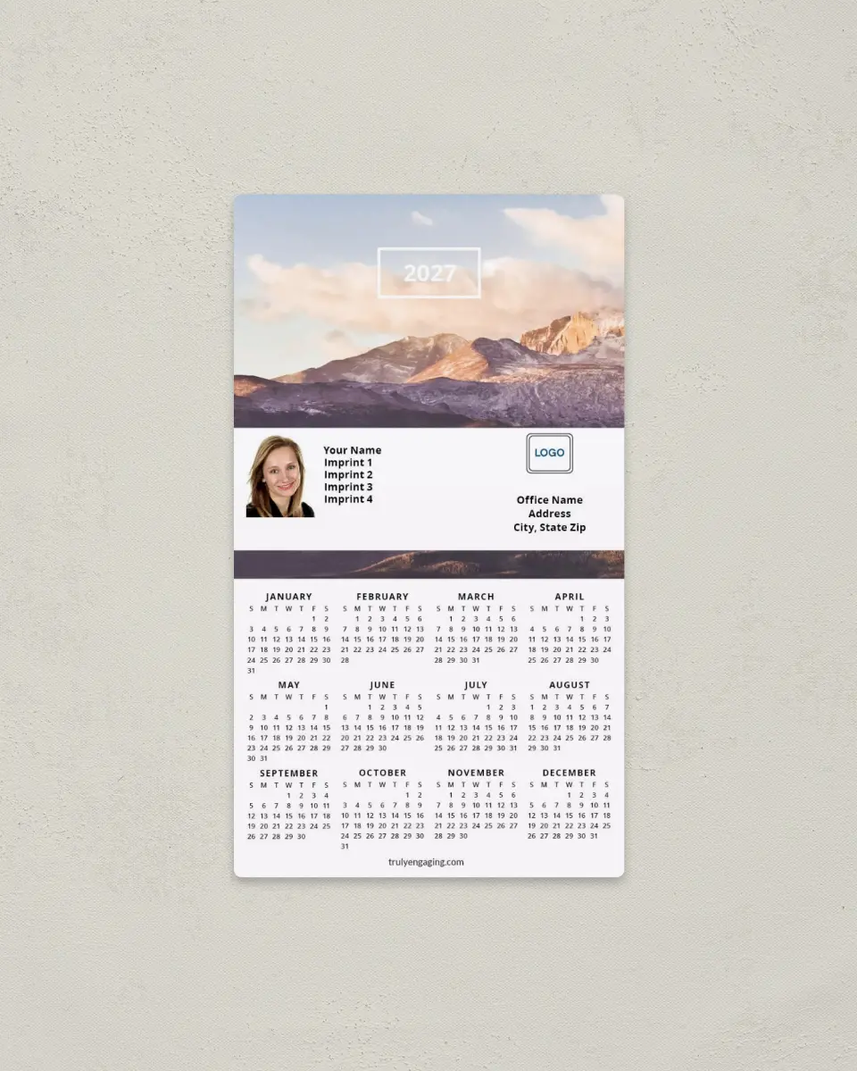 This is a 4" x 7" Full Magnet Calendar called Rustic Ridges printed in full color with a Standard Gloss finish