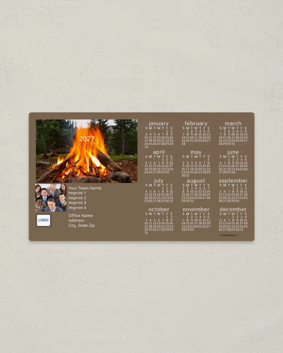 This is a 4" x 7" Full Magnet Calendar called Cozy Campfire printed in full color with a Standard Gloss finish