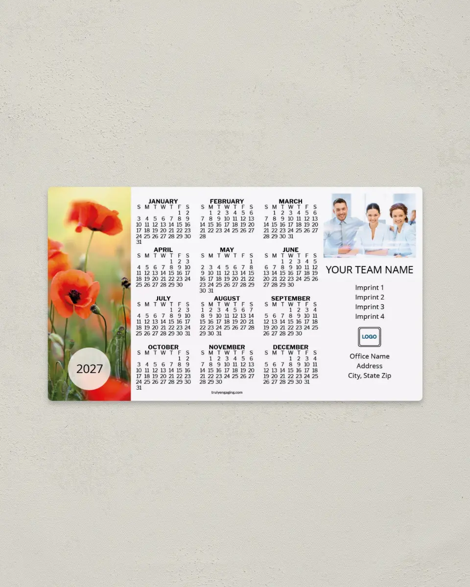 This is a 4" x 7" Full Magnet Calendar called Poppy Morning printed in full color with a Standard Gloss finish