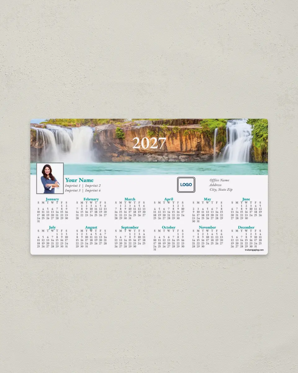This is a 4" x 7" Full Magnet Calendar called Refreshing Falls printed in full color with a Standard Gloss finish