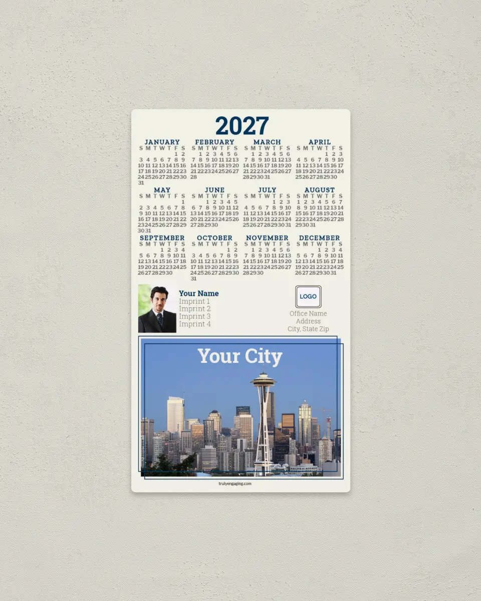 This is a 4" x 7" Full Magnet Calendar called Modern Metro printed in full color with a Standard Gloss finish