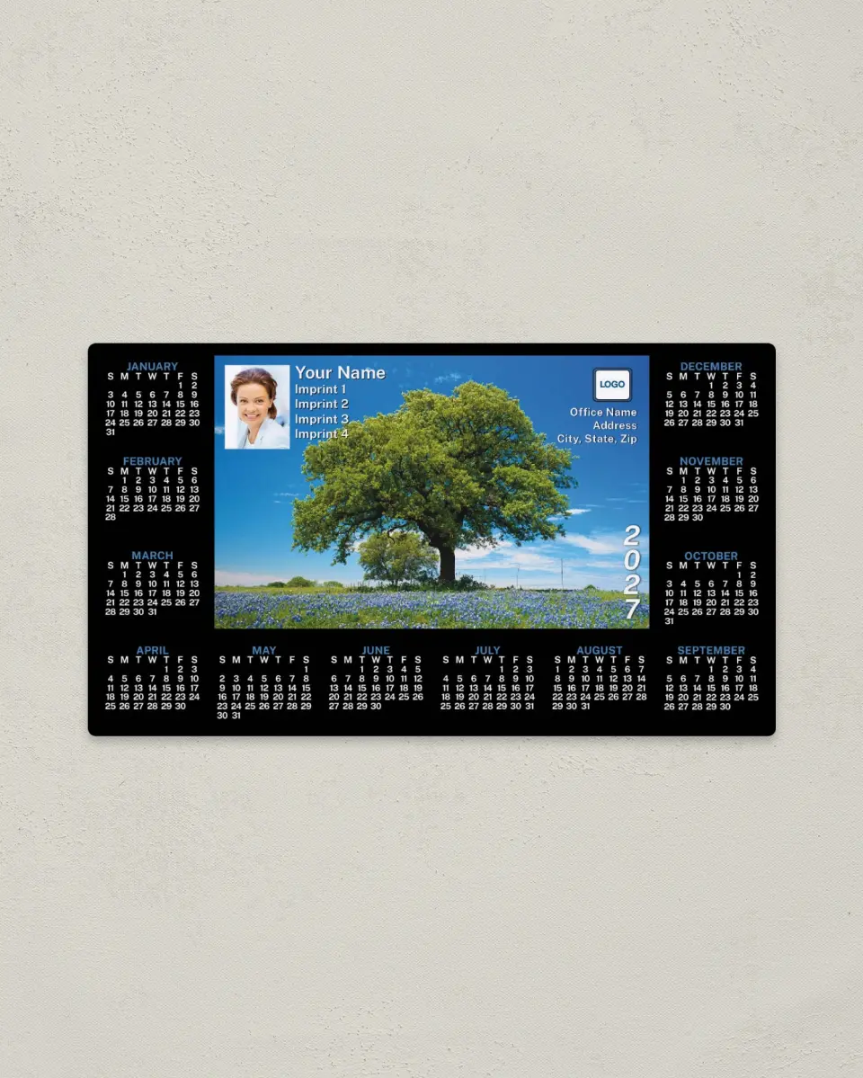 This is a 4" x 7" Full Magnet Calendar called Tree and Blue Flowers with Black Border printed in full color with a Standard Gloss finish