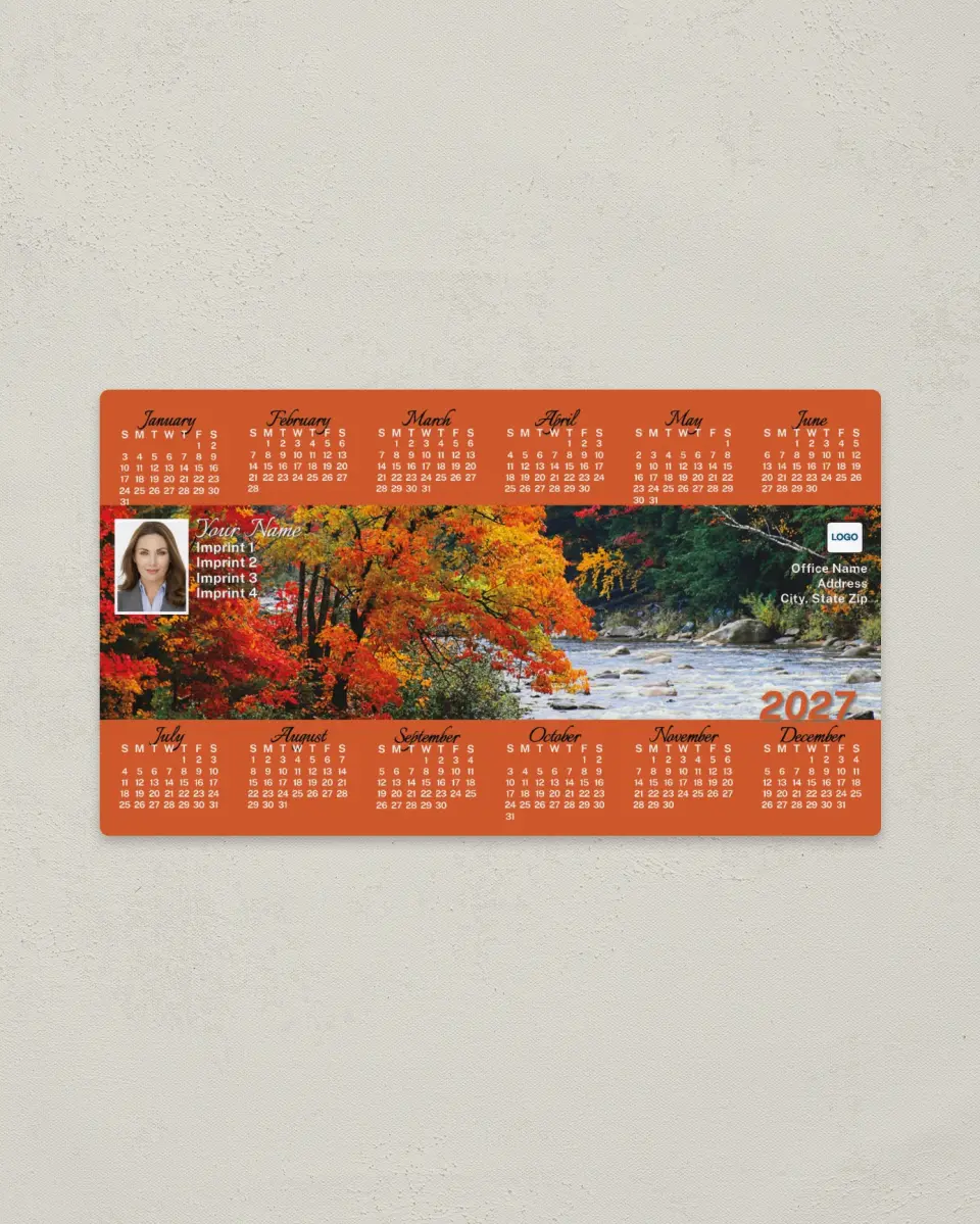 This is a 4" x 7" Full Magnet Calendar called Autumn Trees and Lake printed in full color with a Standard Gloss finish