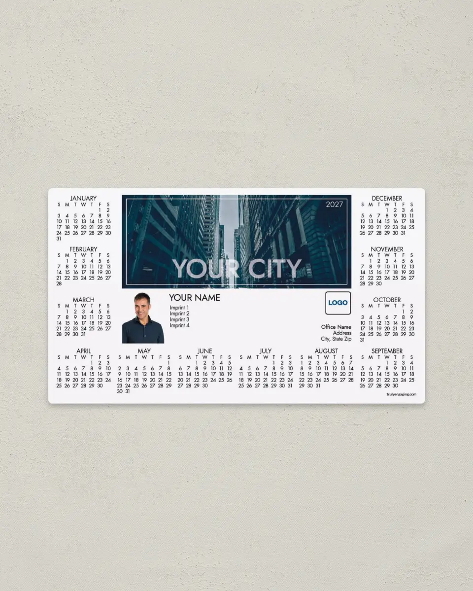 This is a 4" x 7" Full Magnet Calendar called City View printed in full color with a Standard Gloss finish