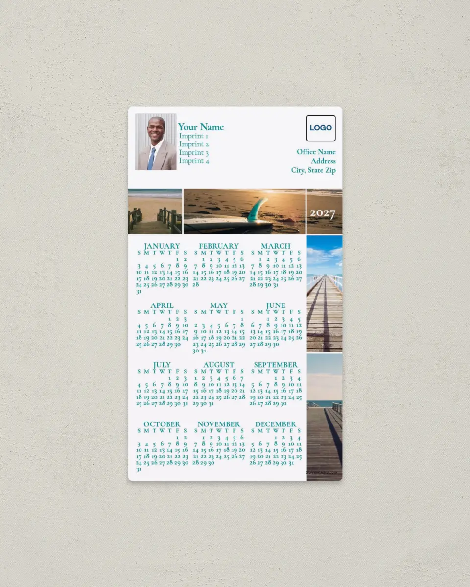 This is a 4" x 7" Full Magnet Calendar called Scenic Seaside printed in full color with a Standard Gloss finish