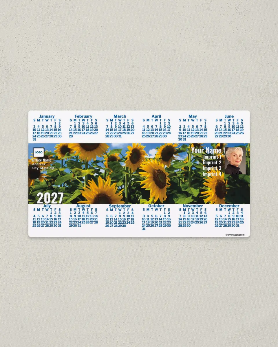 This is a 4" x 7" Full Magnet Calendar called Sunflowers printed in full color with a Standard Gloss finish