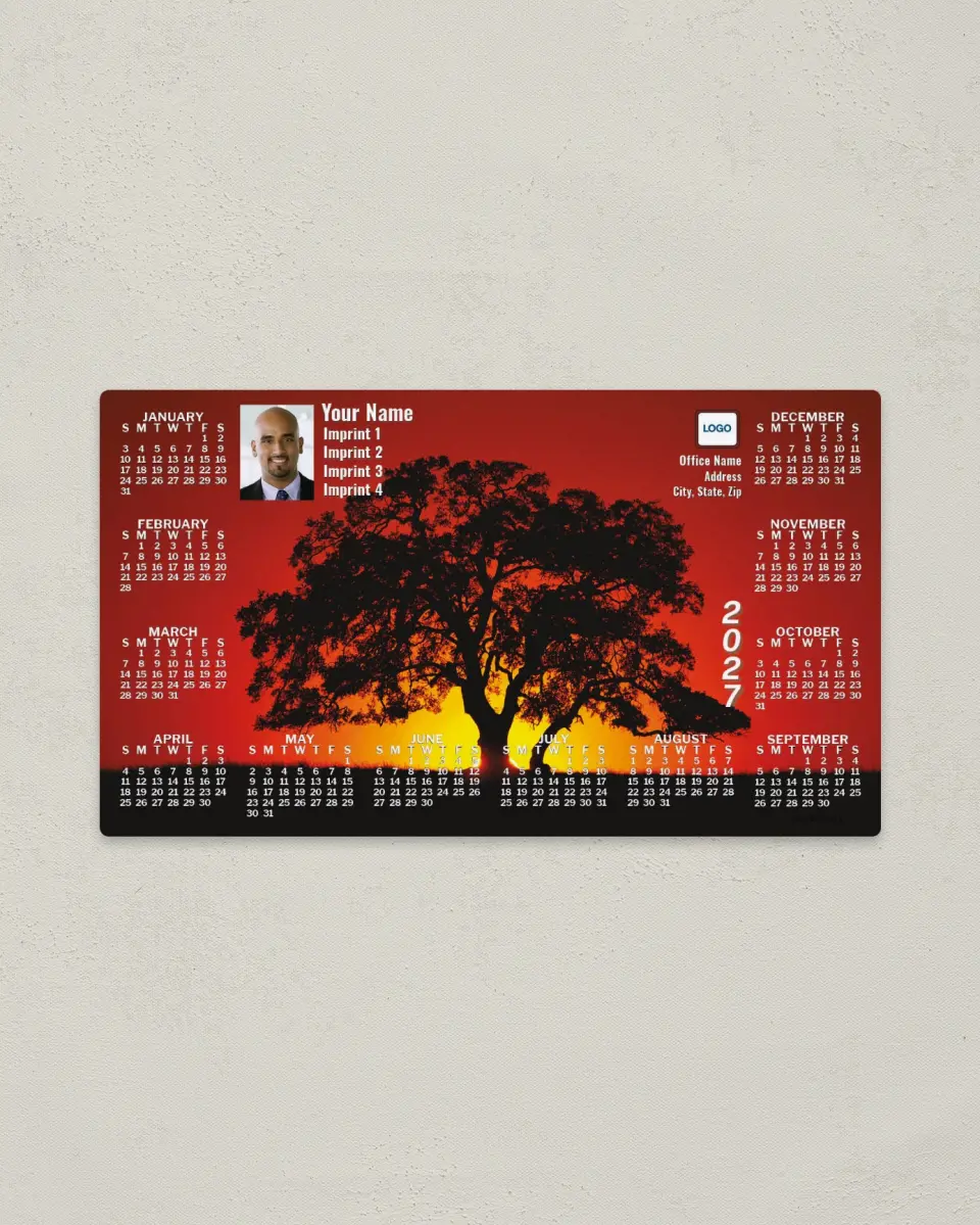 This is a 4" x 7" Full Magnet Calendar called Tree at Sunset printed in full color with a Standard Gloss finish