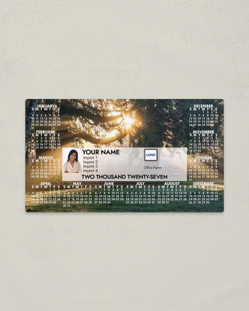 This is a 4" x 7" Full Magnet Calendar called Sunlit Forest printed in full color with a Standard Gloss finish