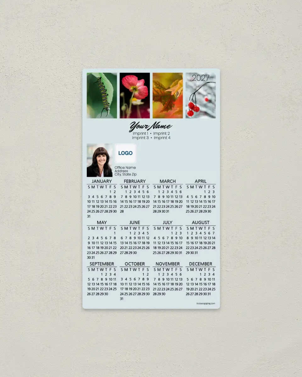 This is a 4" x 7" Full Magnet Calendar called Stately Seasons printed in full color with a Standard Gloss finish