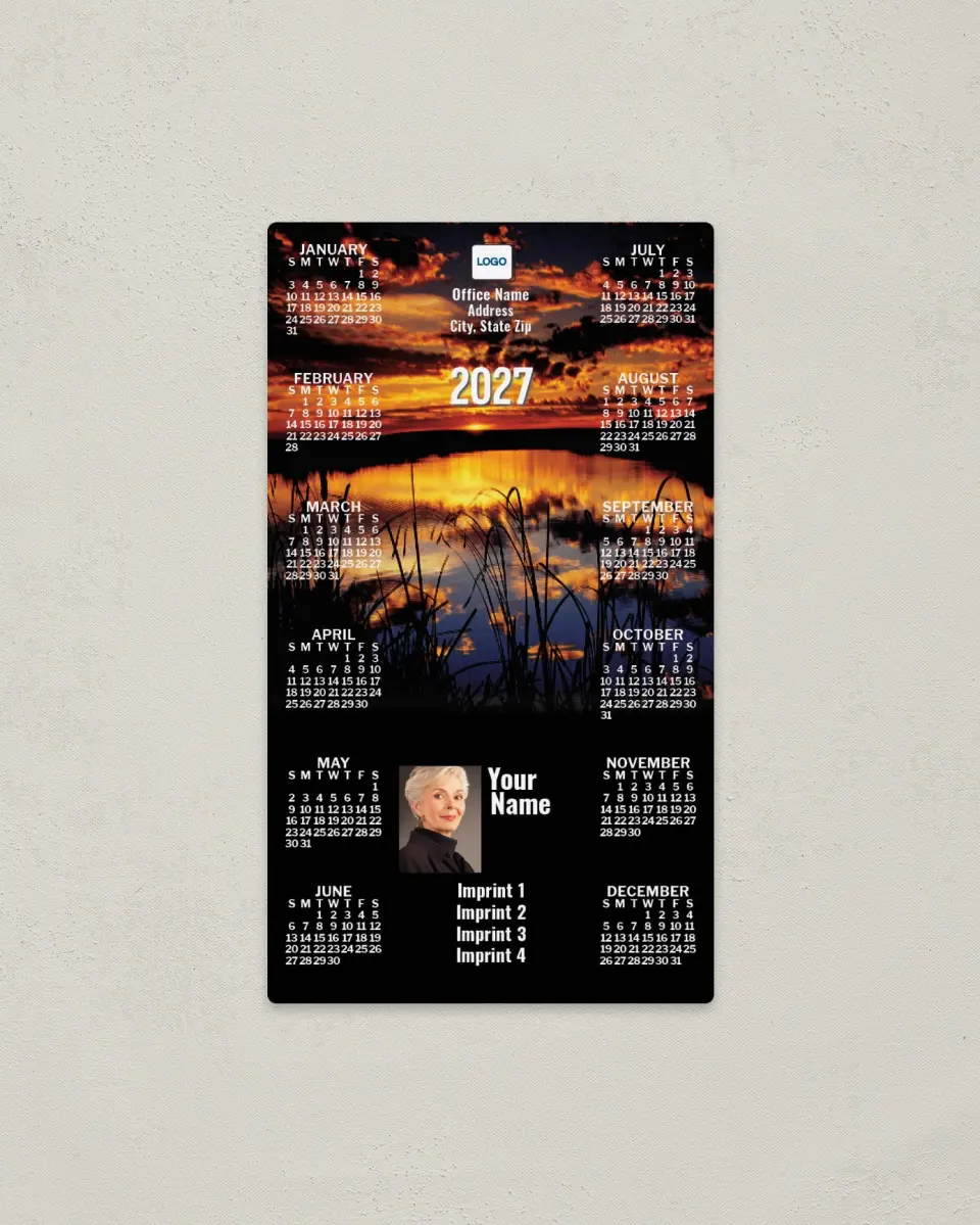 This is a 4" x 7" Full Magnet Calendar called Lake at Sunset printed in full color with a Standard Gloss finish