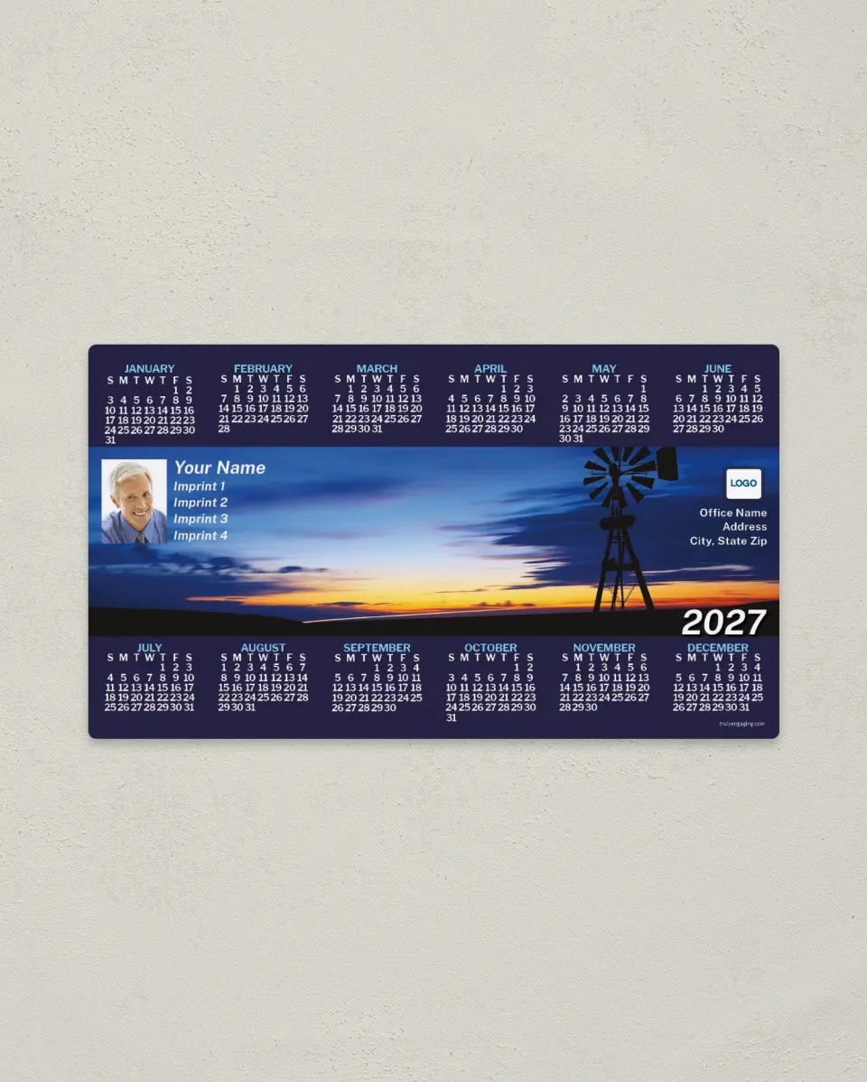 This is a 4" x 7" Full Magnet Calendar called Windmill at Sunset printed in full color with a Standard Gloss finish