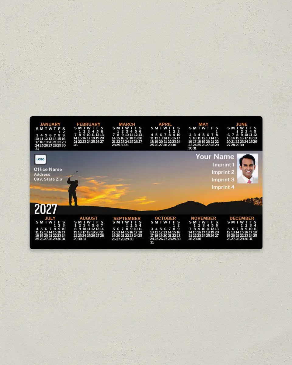 This is a 4" x 7" Full Magnet Calendar called Golfer at Sunset printed in full color with a Standard Gloss finish