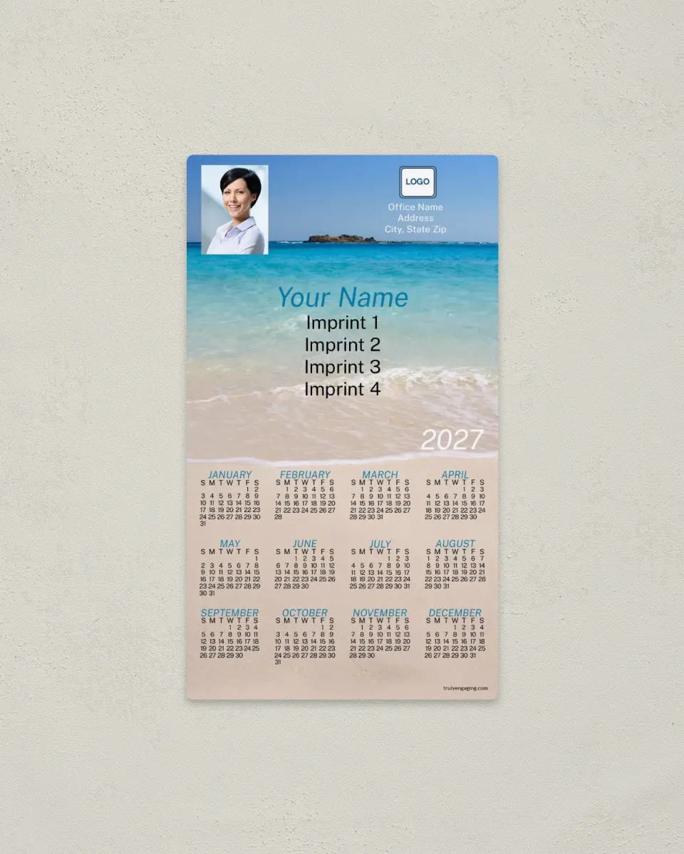 This is a 4" x 7" Full Magnet Calendar called Beach Background printed in full color with a Standard Gloss finish