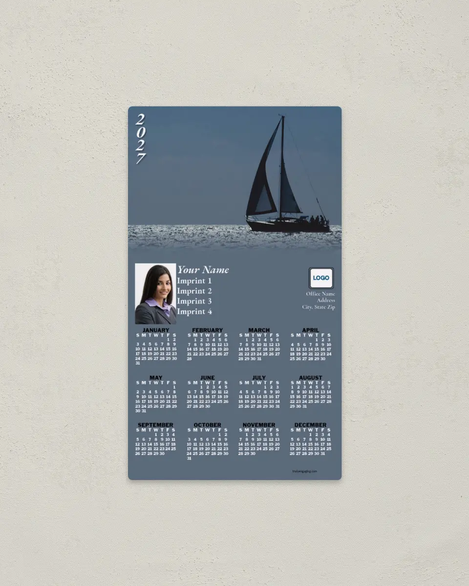 This is a 4" x 7" Full Magnet Calendar called Sailboat Fading to Gray-Blue printed in full color with a Standard Gloss finish