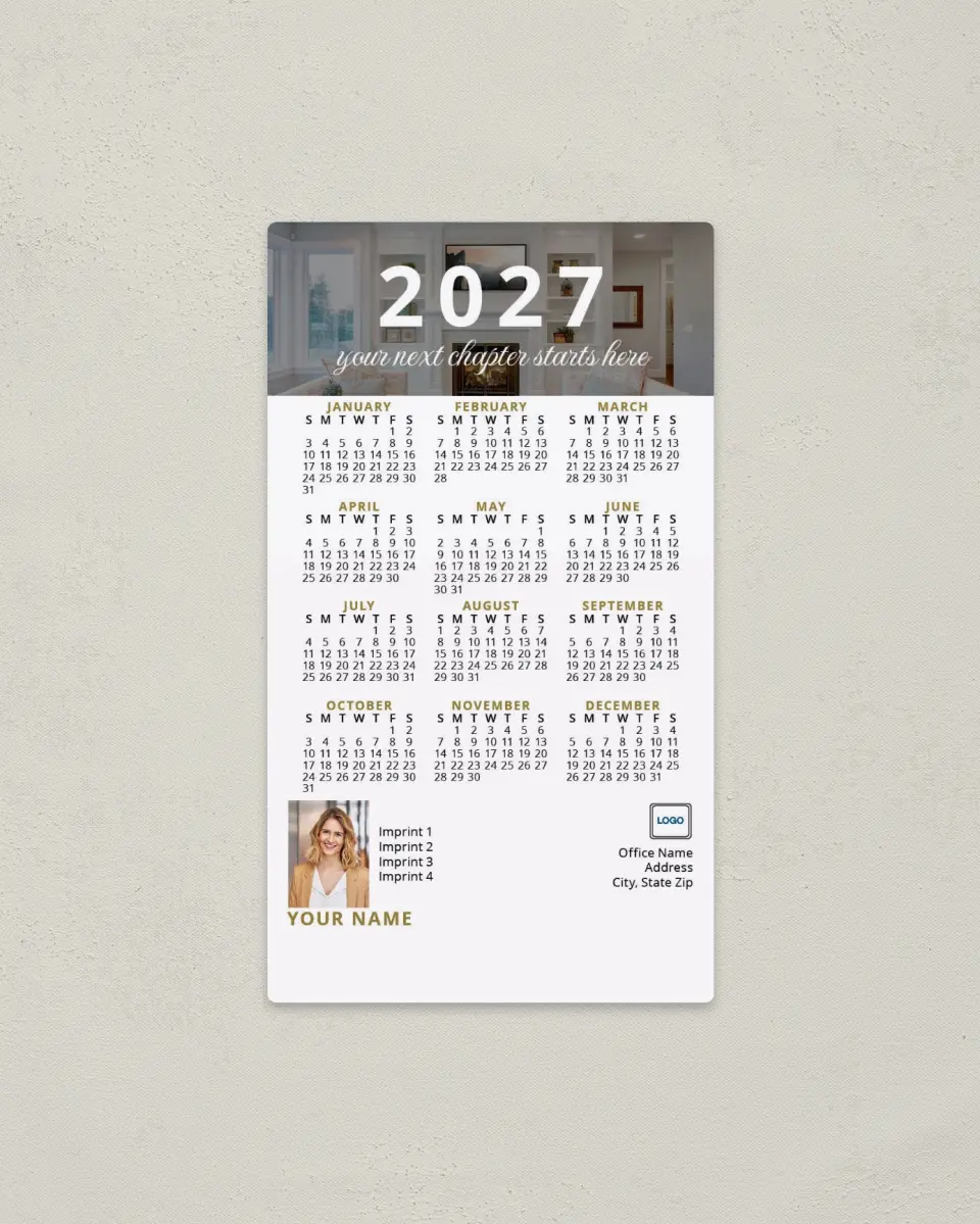 This is a 4" x 7" Full Magnet Calendar called Modern Mantle printed in full color with a Standard Gloss finish