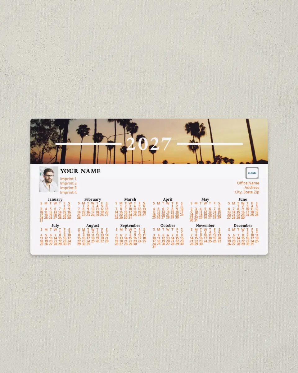 This is a 4" x 7" Full Magnet Calendar called Sunset Palm printed in full color with a Standard Gloss finish