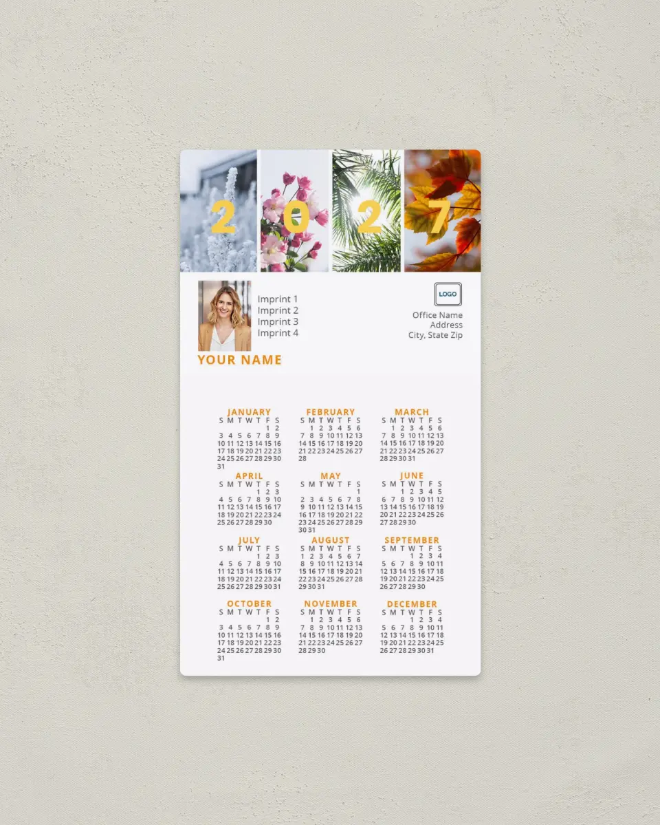 This is a 4" x 7" Full Magnet Calendar called Seasons Captured printed in full color with a Standard Gloss finish