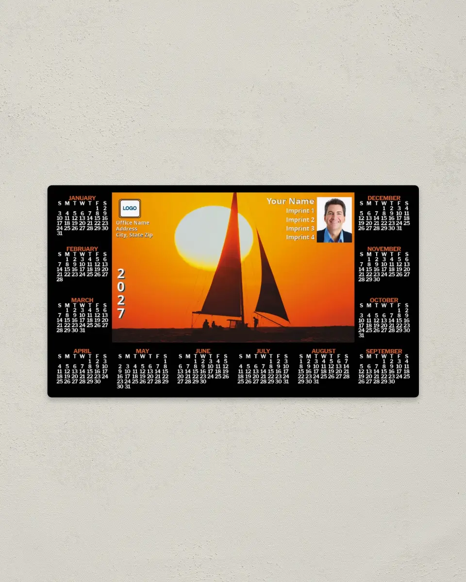 This is a 4" x 7" Full Magnet Calendar called Sailboat at Sunset printed in full color with a Standard Gloss finish
