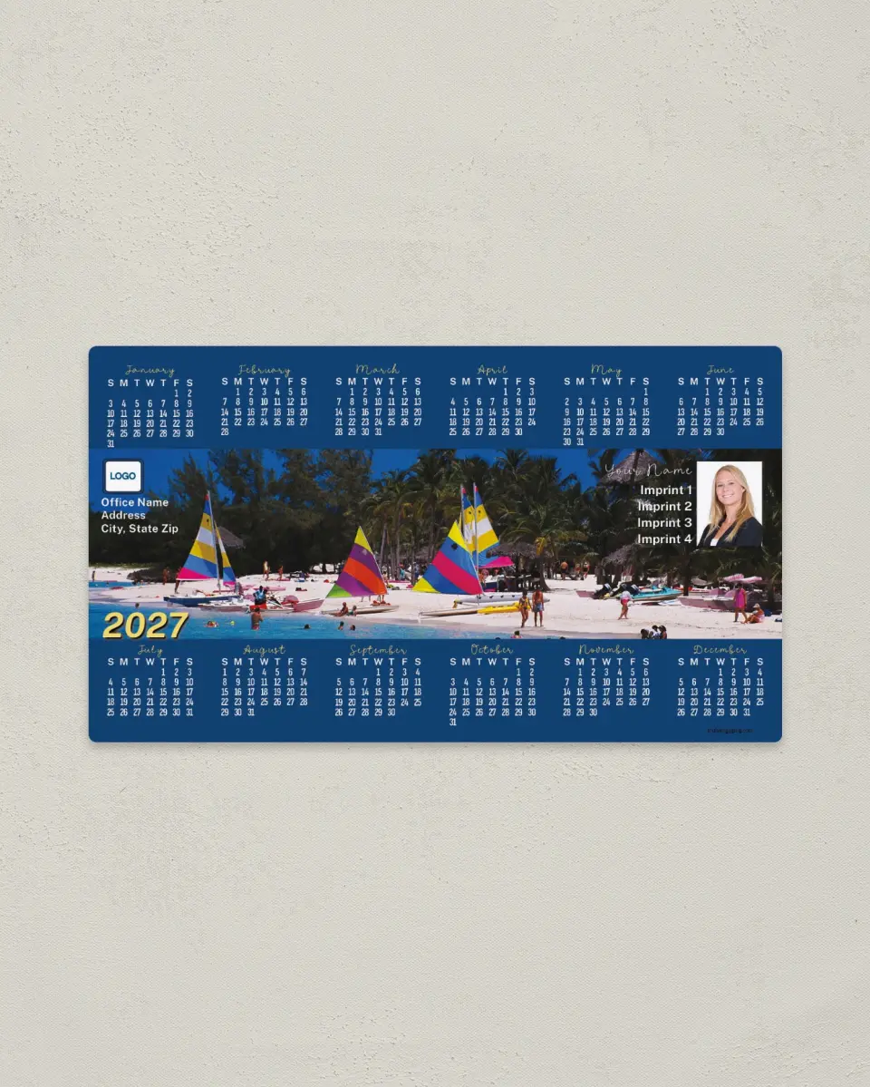 This is a 4" x 7" Full Magnet Calendar called Sailboats on Beach printed in full color with a Standard Gloss finish