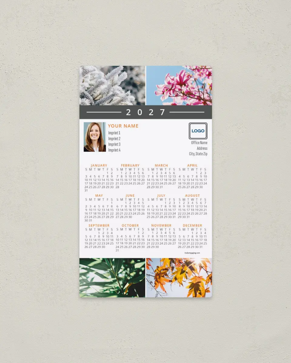 This is a 4" x 7" Full Magnet Calendar called Seasonal Bliss printed in full color with a Standard Gloss finish
