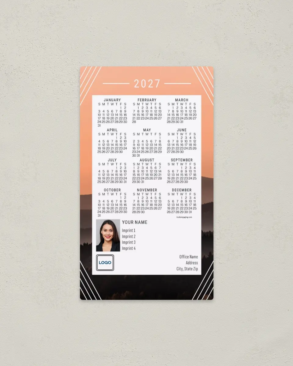 This is a 4" x 7" Full Magnet Calendar called Bright Mountainscape printed in full color with a Standard Gloss finish