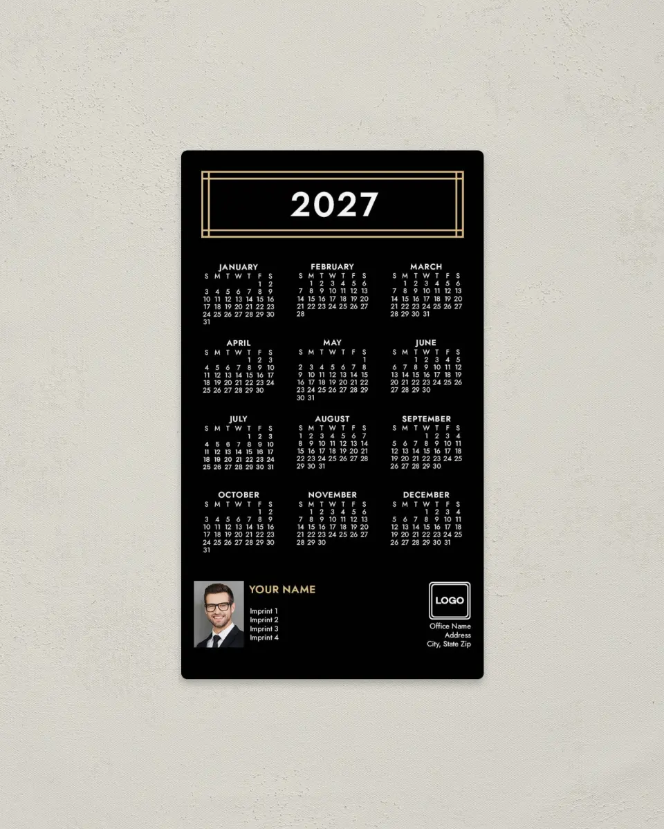 This is a 4" x 7" Full Magnet Calendar called Framed in Gold printed in full color with a Standard Gloss finish