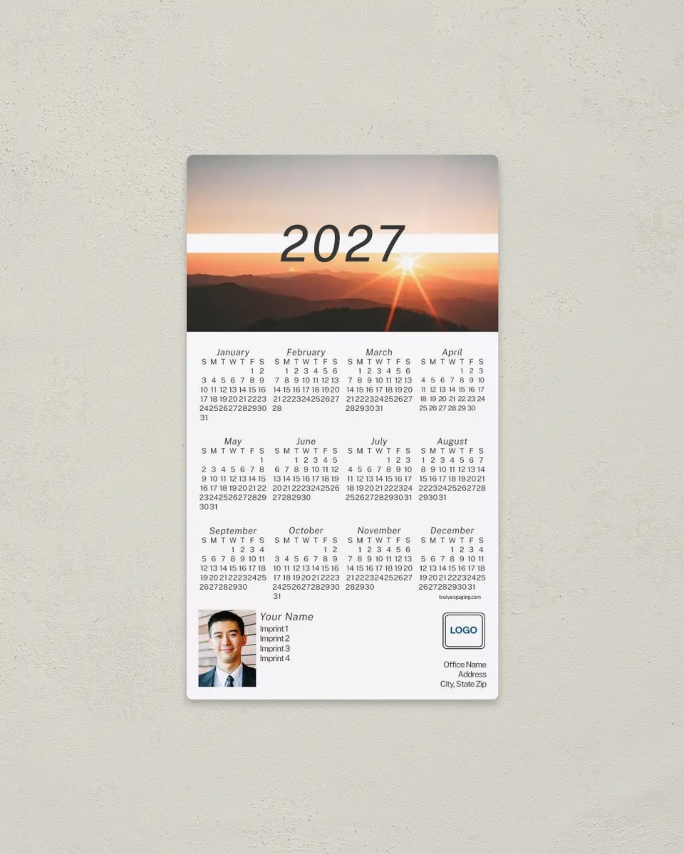 This is a 4" x 7" Full Magnet Calendar called Rustic Sunrise printed in full color with a Standard Gloss finish