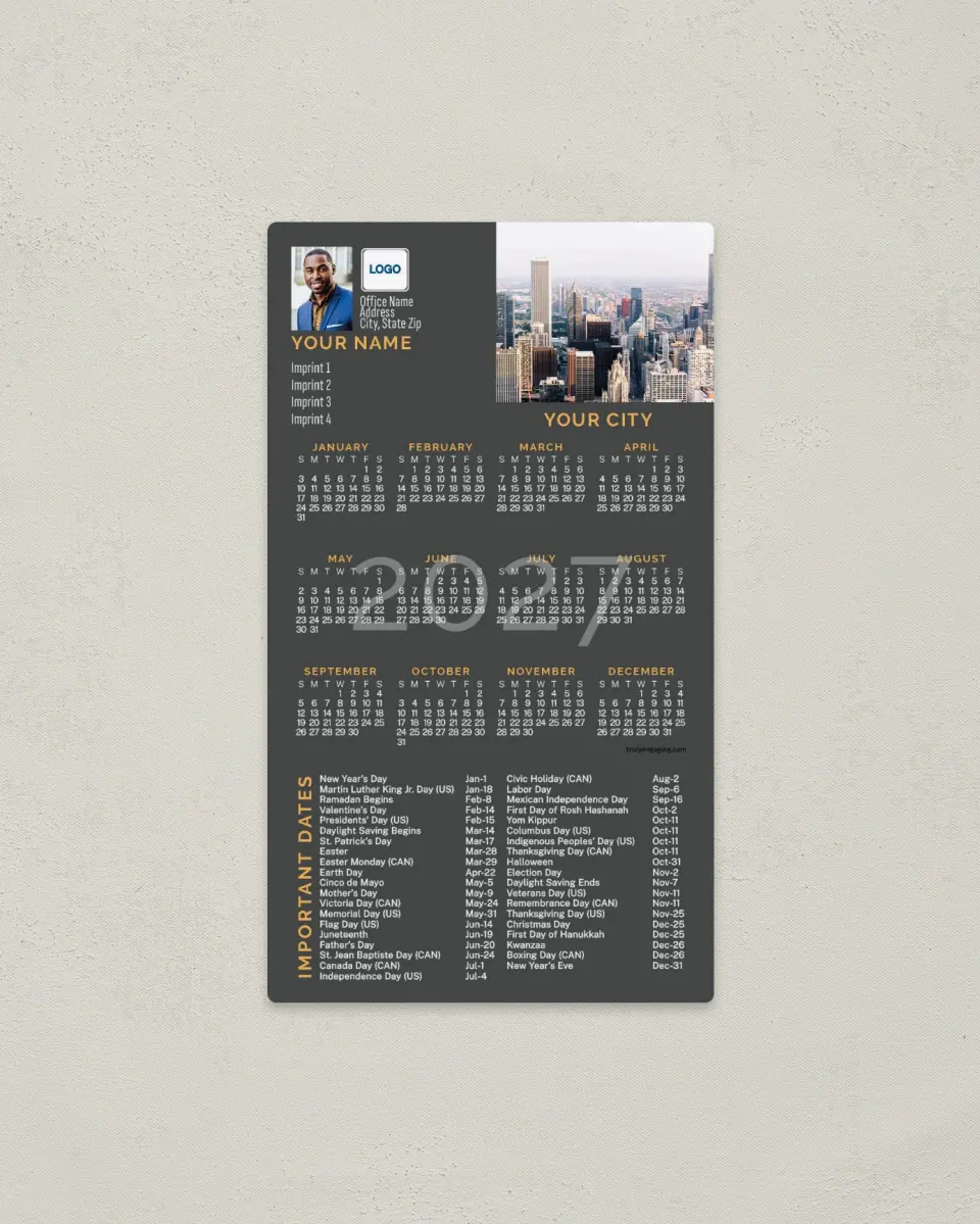 This is a 4" x 7" Full Magnet Calendar called Simple City printed in full color with a Standard Gloss finish