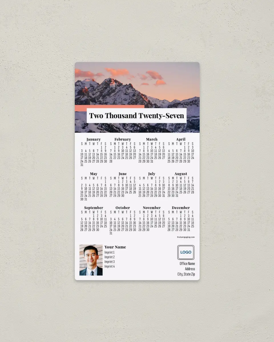 This is a 4" x 7" Full Magnet Calendar called Mountain Vista printed in full color with a Standard Gloss finish
