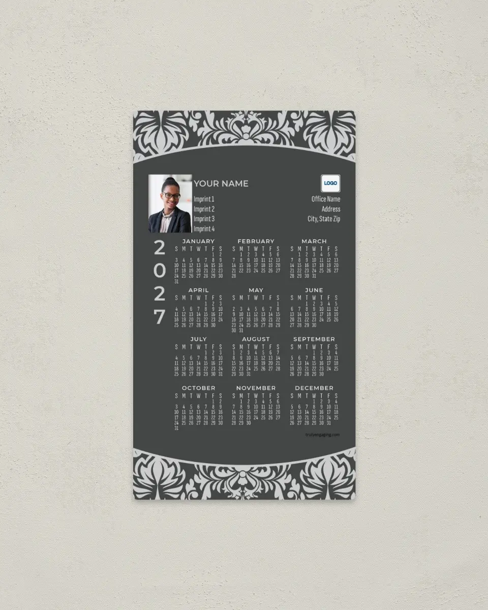 This is a 4" x 7" Full Magnet Calendar called Formal Motif printed in full color with a Standard Gloss finish
