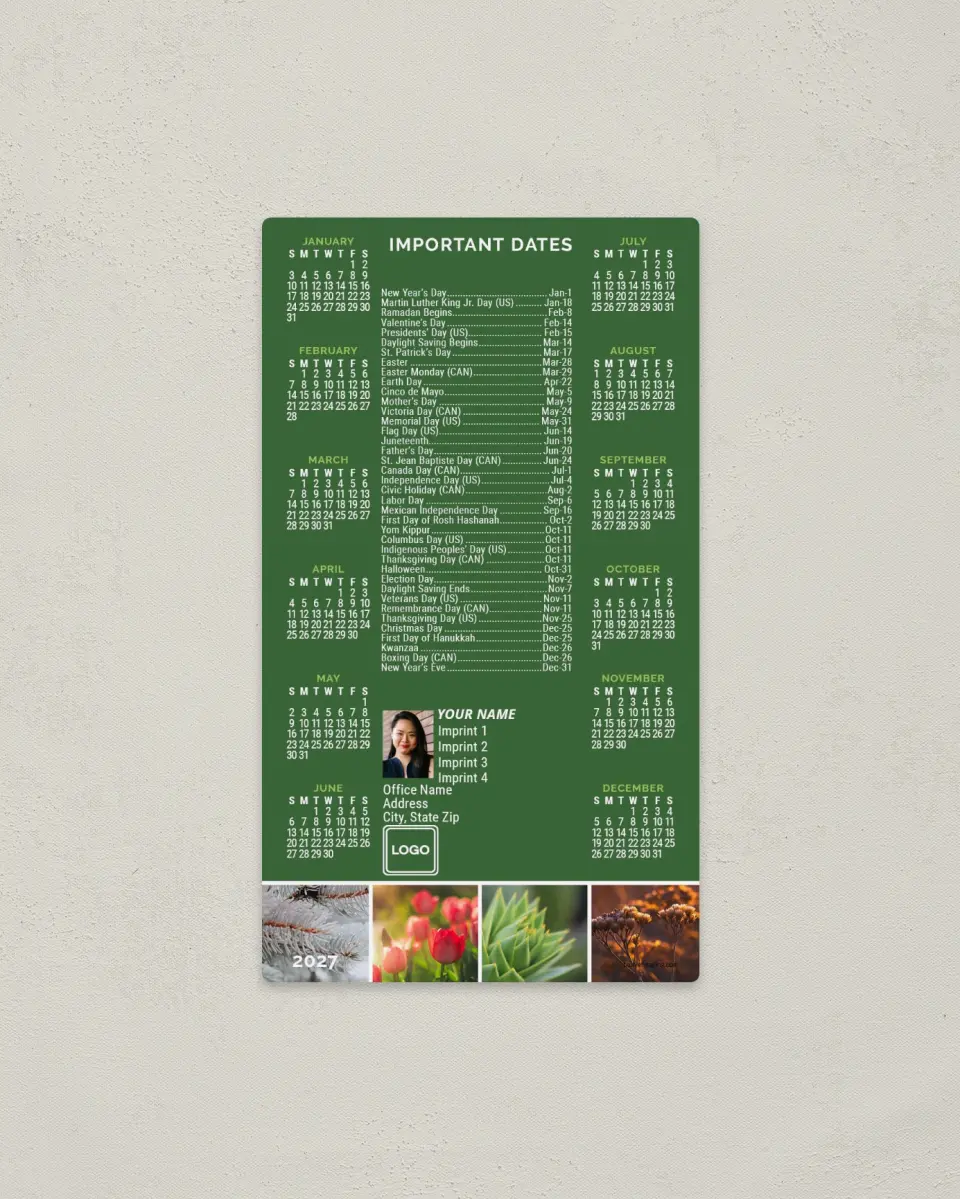 This is a 4" x 7" Full Magnet Calendar called Seasonal Charm printed in full color with a Standard Gloss finish