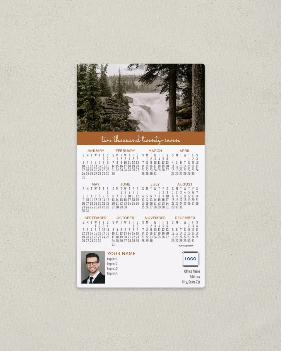 This is a 4" x 7" Full Magnet Calendar called Woodland Falls printed in full color with a Standard Gloss finish