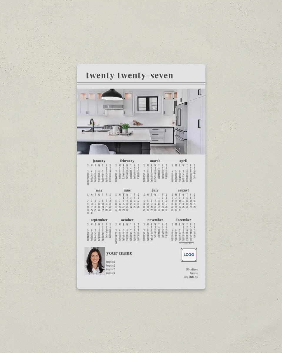 This is a 4" x 7" Full Magnet Calendar called Lined Up printed in full color with a Standard Gloss finish