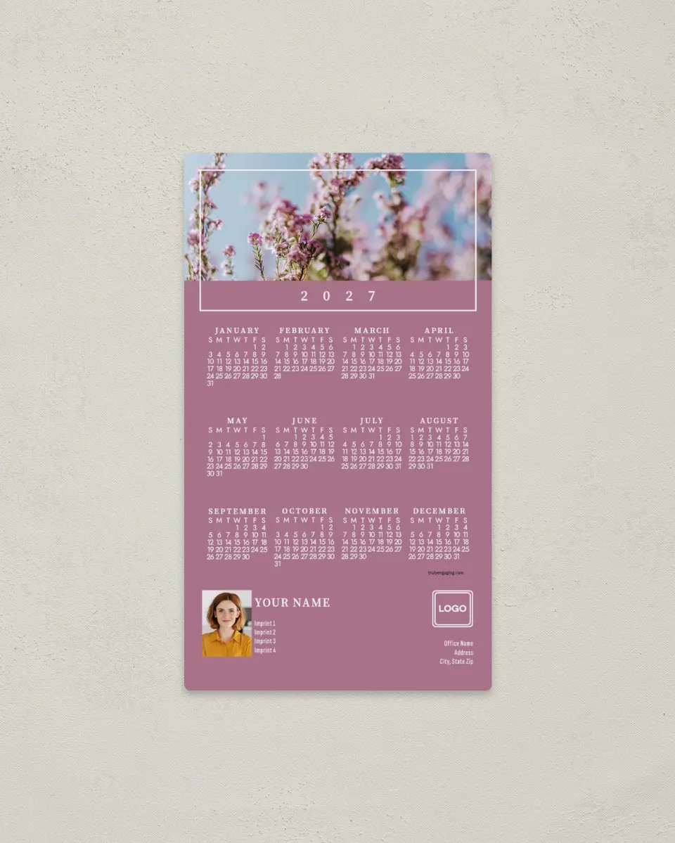 This is a 4" x 7" Full Magnet Calendar called Bordered Blossom printed in full color with a Standard Gloss finish