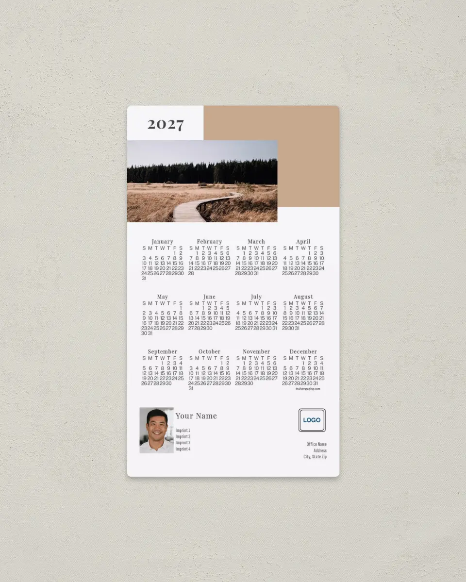 This is a 4" x 7" Full Magnet Calendar called Modern Path printed in full color with a Standard Gloss finish