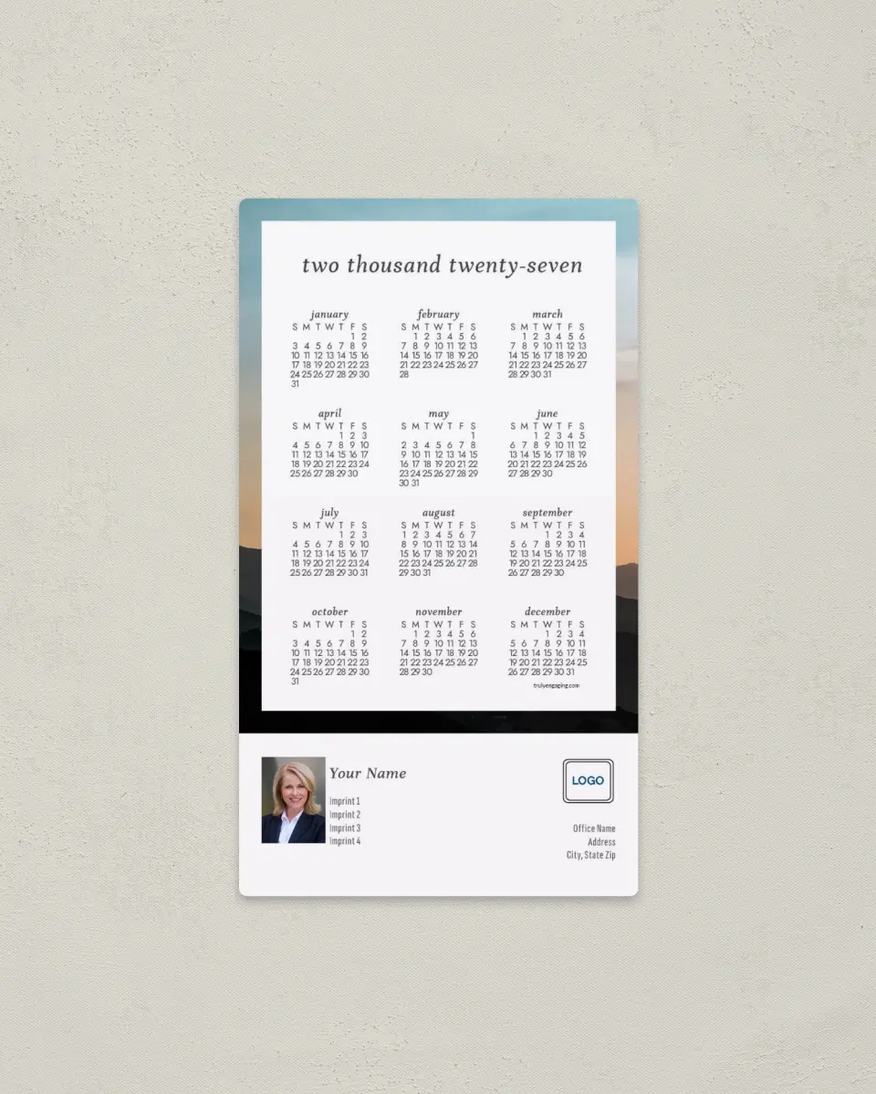 This is a 4" x 7" Full Magnet Calendar called Subtle Sunrise printed in full color with a Standard Gloss finish