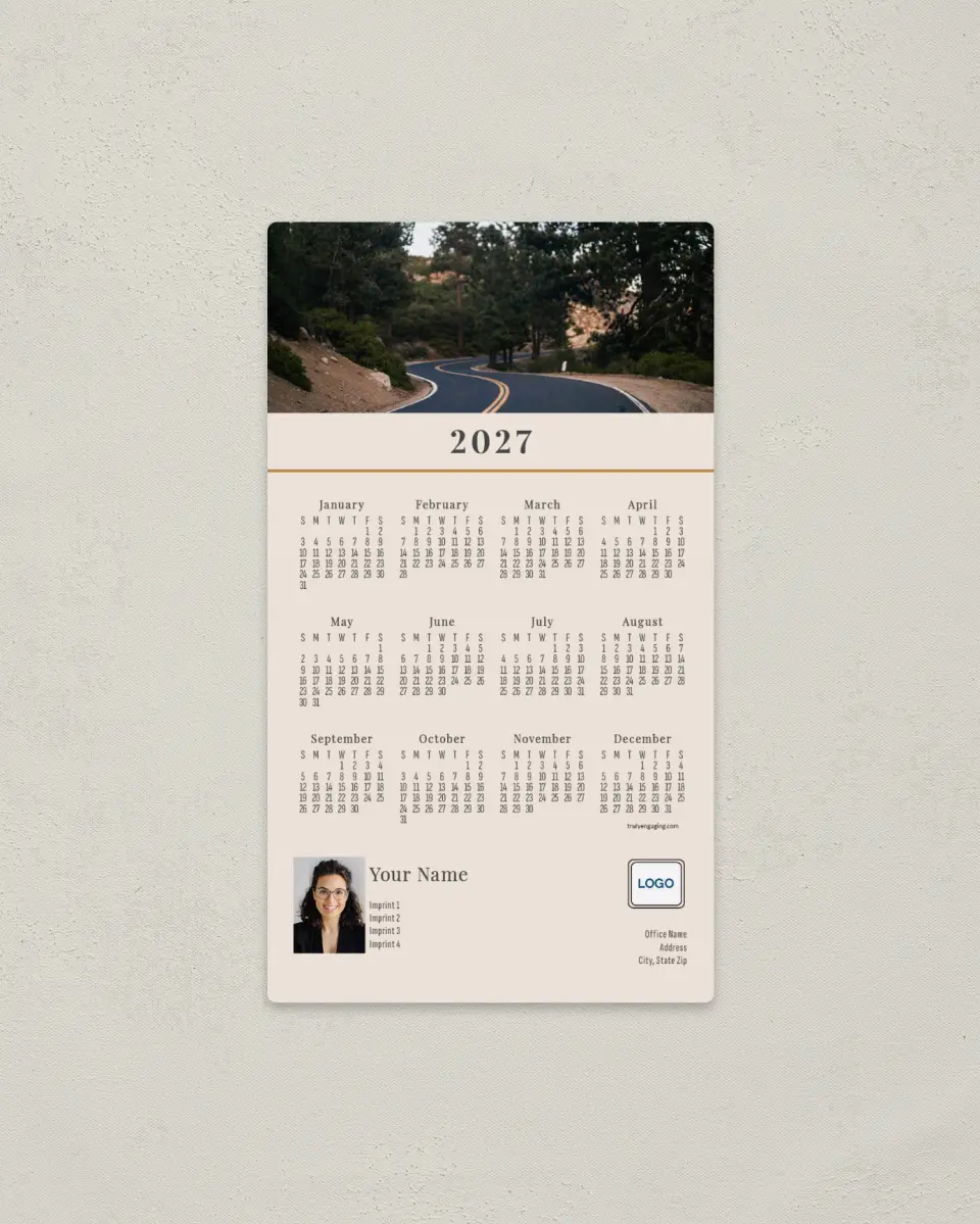 This is a 4" x 7" Full Magnet Calendar called On the Road printed in full color with a Standard Gloss finish