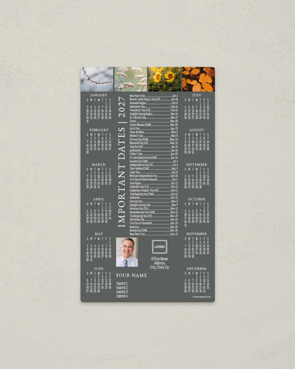 This is a 4" x 7" Full Magnet Calendar called Seasonal Dates printed in full color with a Standard Gloss finish