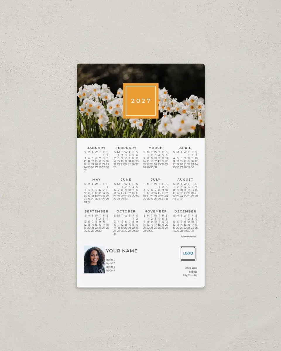 This is a 4" x 7" Full Magnet Calendar called Daffodil Display printed in full color with a Standard Gloss finish
