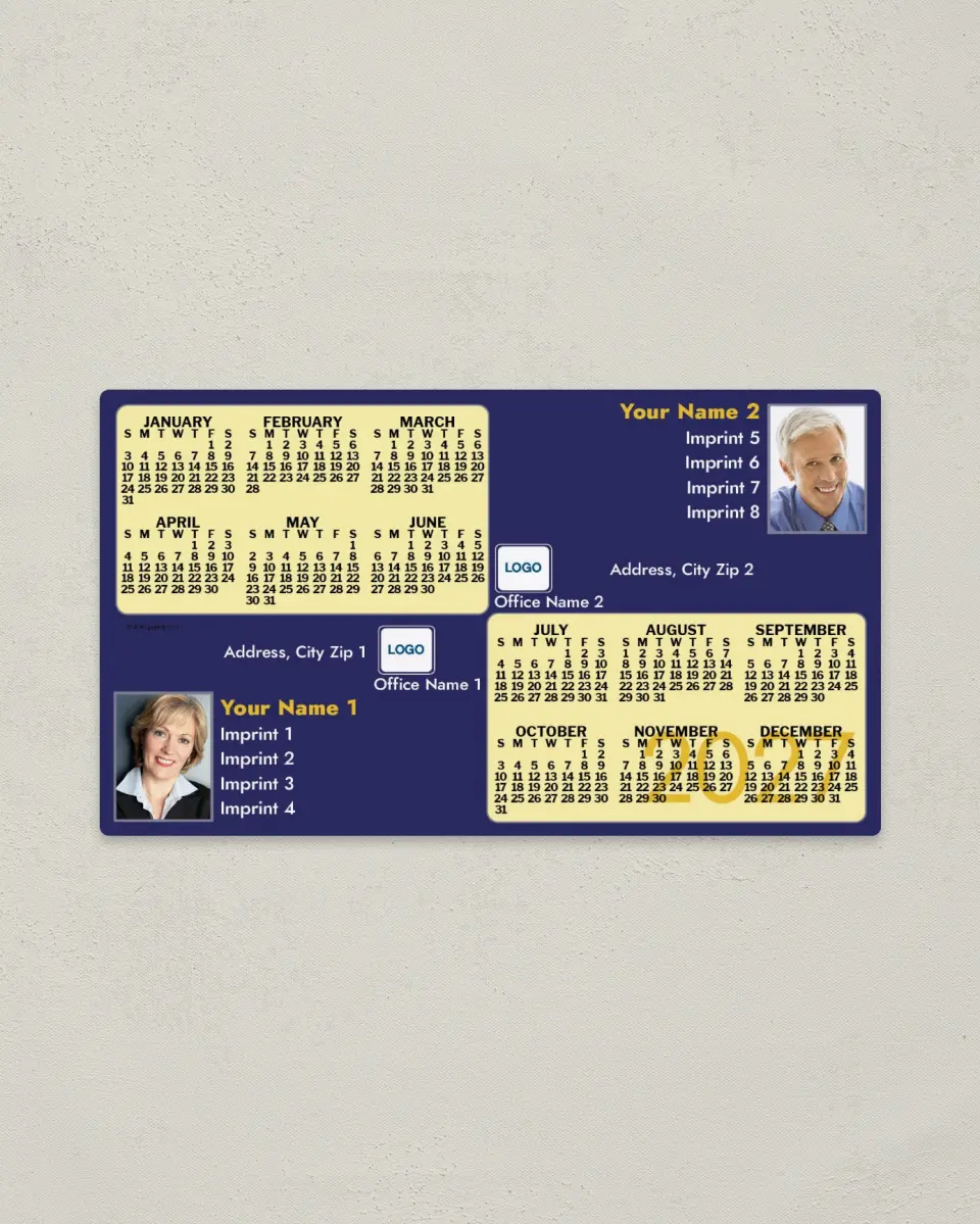This is a 4" x 7" Full Magnet Calendar called Blue & Light Yellow, 2-Person printed in full color with a Standard Gloss finish