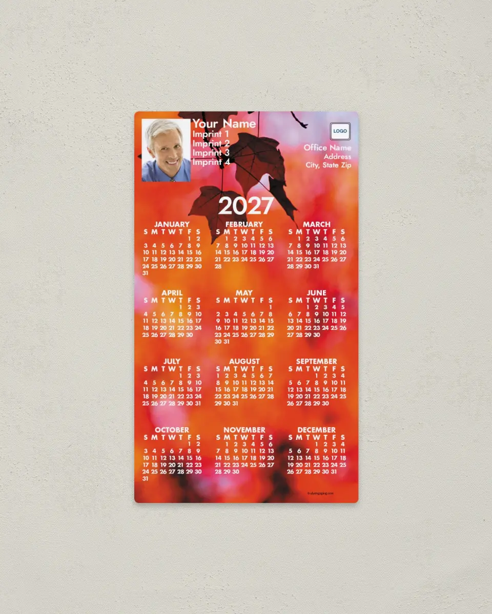 This is a 4" x 7" Full Magnet Calendar called Autumn Leaves printed in full color with a Standard Gloss finish