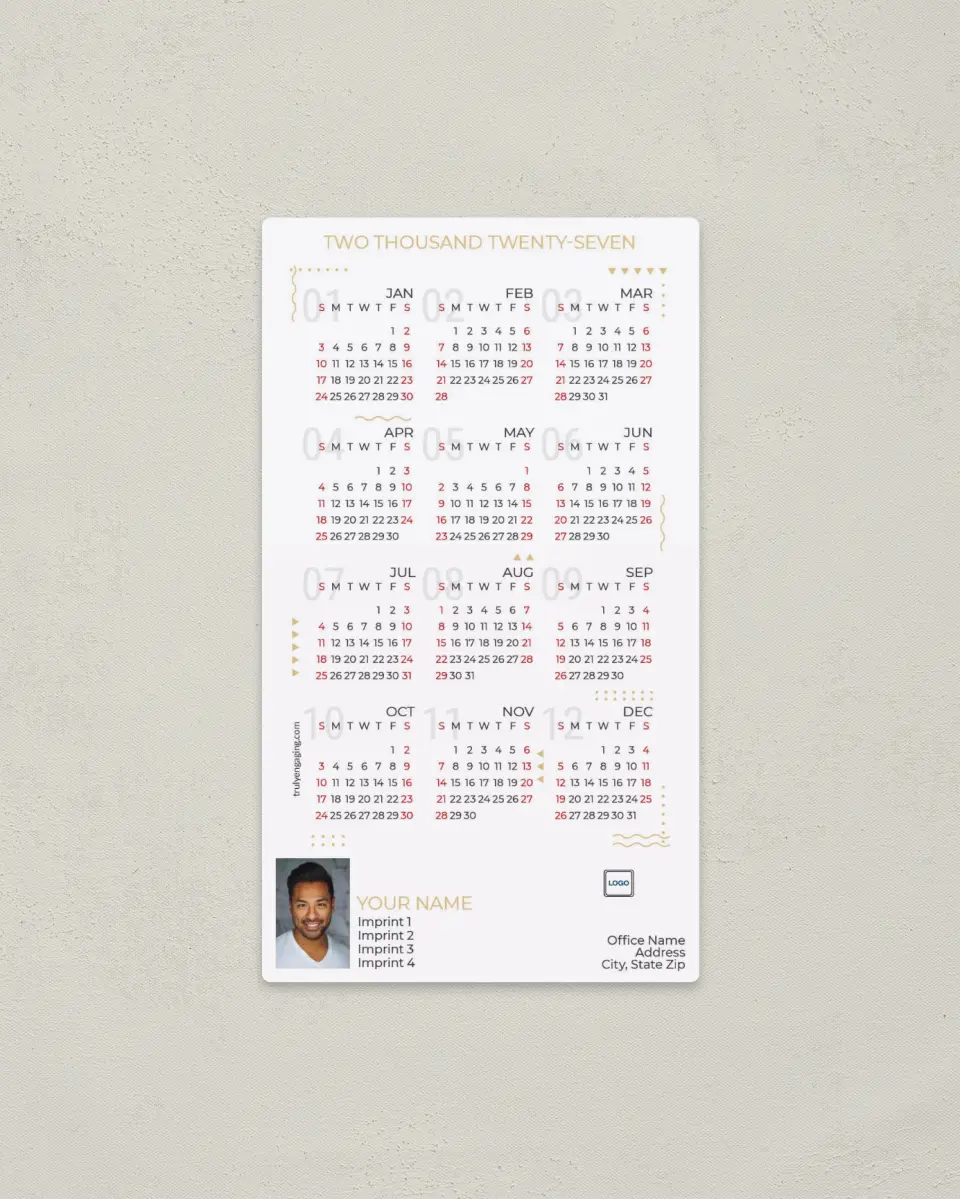 This is a 4" x 7" Full Magnet Calendar called Decorative Marks printed in full color with a Standard Gloss finish