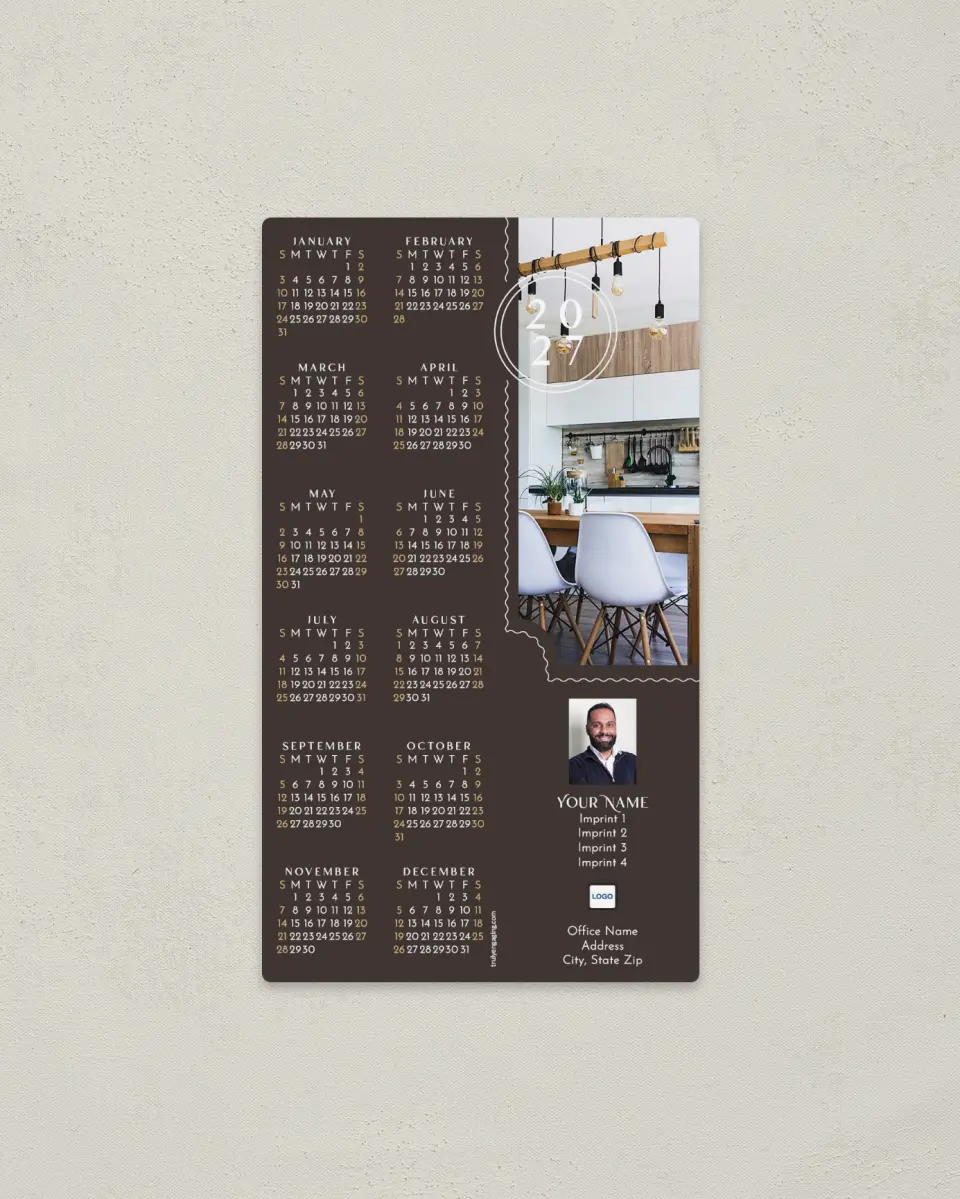 This is a 4" x 7" Full Magnet Calendar called Stamped Year printed in full color with a Standard Gloss finish