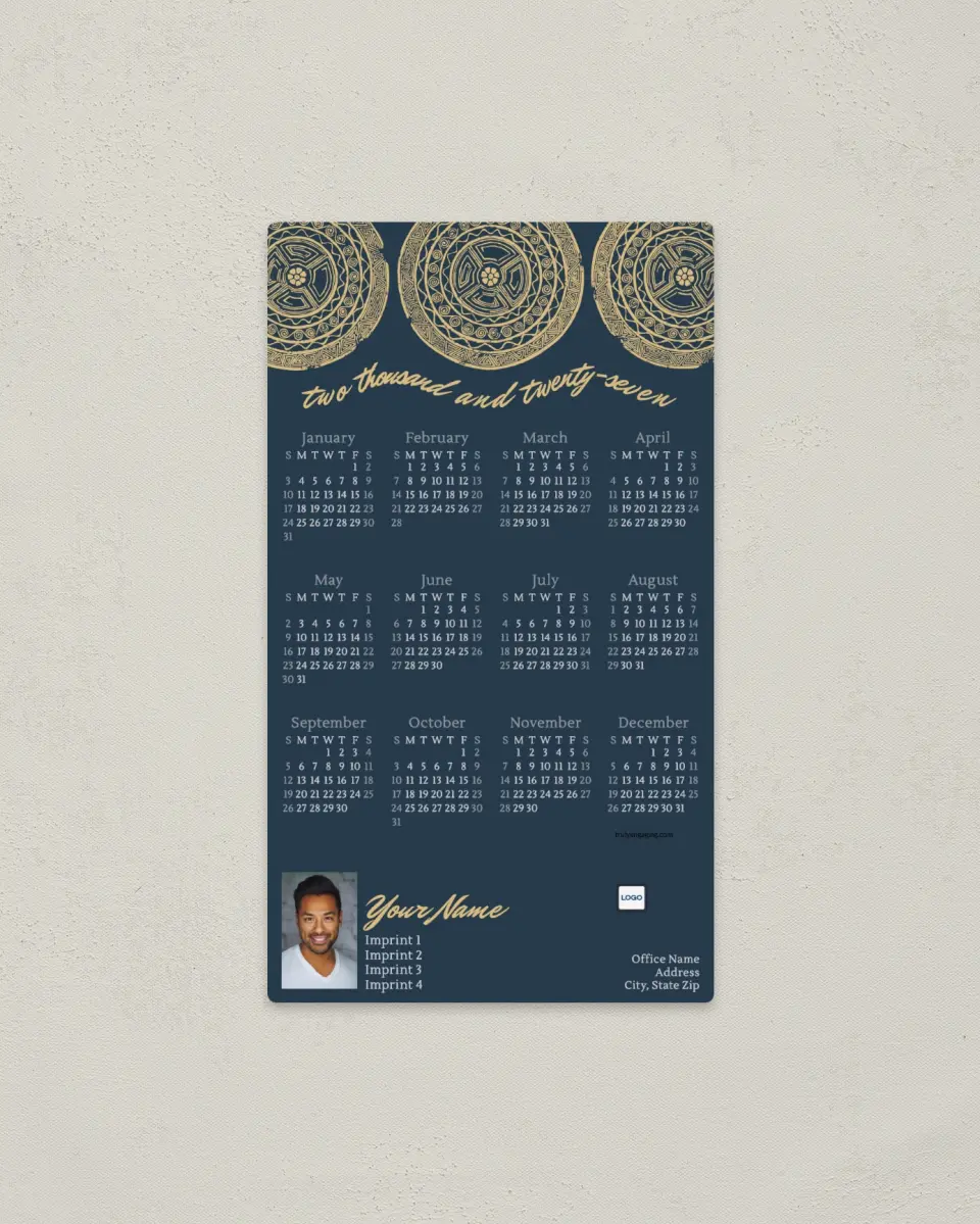 This is a 4" x 7" Full Magnet Calendar called Decorative Disk printed in full color with a Standard Gloss finish