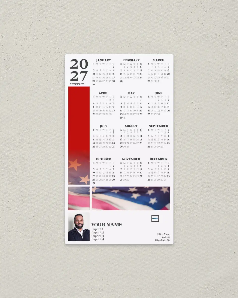 This is a 4" x 7" Full Magnet Calendar called Patriotic Gradient printed in full color with a Standard Gloss finish