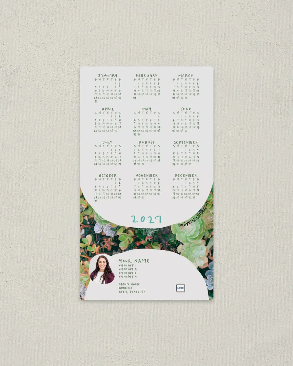 This is a 4" x 7" Full Magnet Calendar called Abundant Succulent printed in full color with a Standard Gloss finish